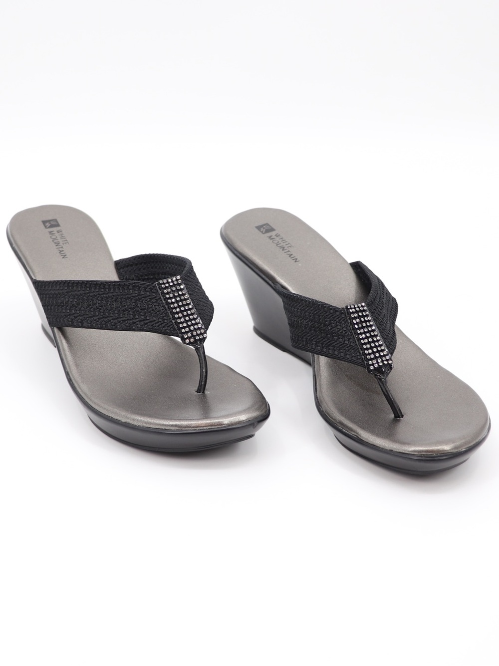 White Mountain Women’s 9 Black Rhinestone Wedge Thong Sandal